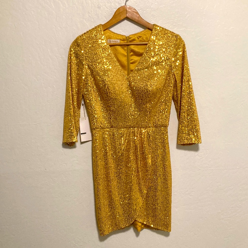 NWT TS Couture Gold Sequin Wrap Dress